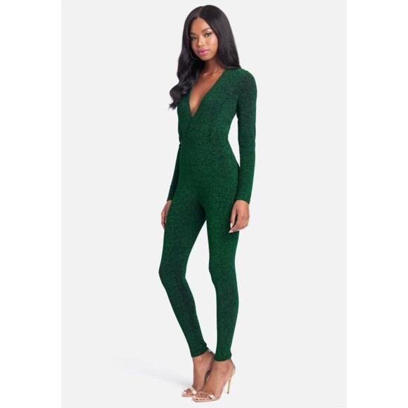 bebe Emerald Green Metallic Knit Long Sleeve V-Neck Jumpsuit | Size L - Picture 1 of 7
